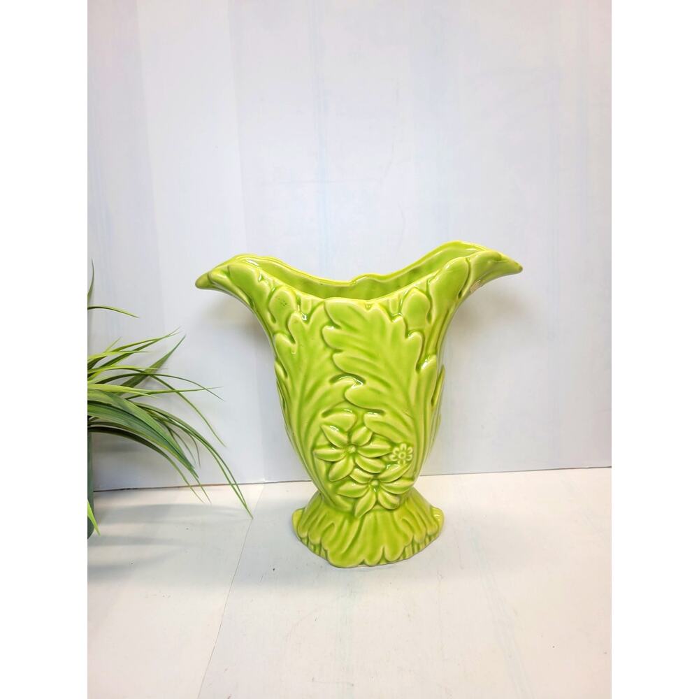 Vintage Chartreuse Green Ceramic Leaf Floral Motif Vase Flared Scalloped Rim 9"